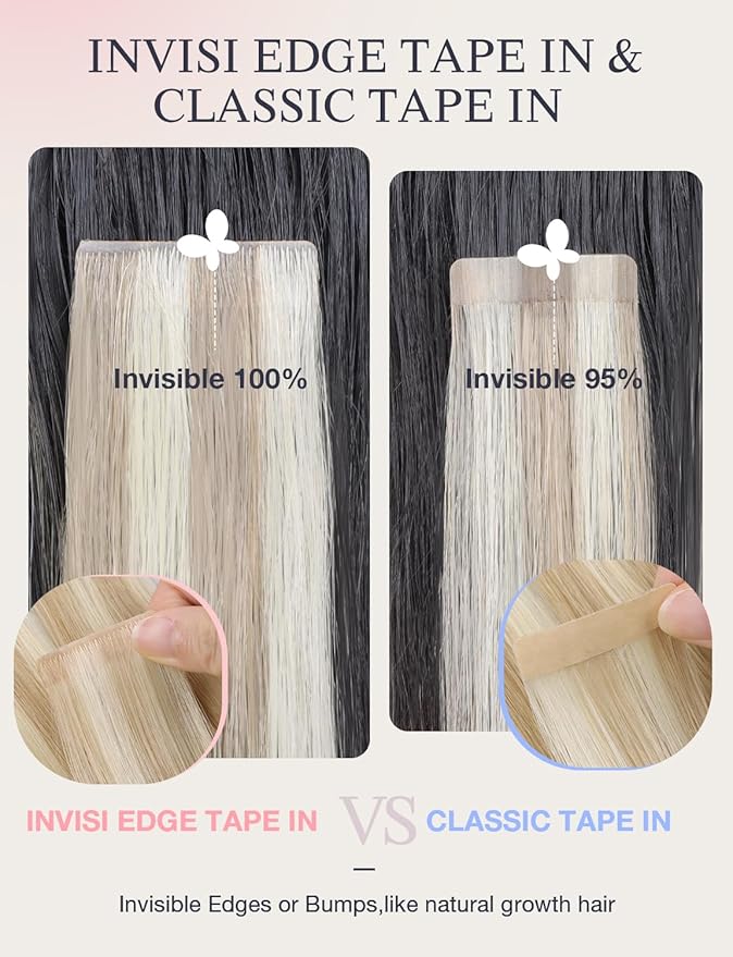 DOORES Invisi Edge Tape in Hair Extensions Human Hair, Dark Blonde Highlighted Bleach Blonde 10 Injection Tape-ins with 10 Classic Tape-ins 50g 18 Inch, Injected Tape in Extensions