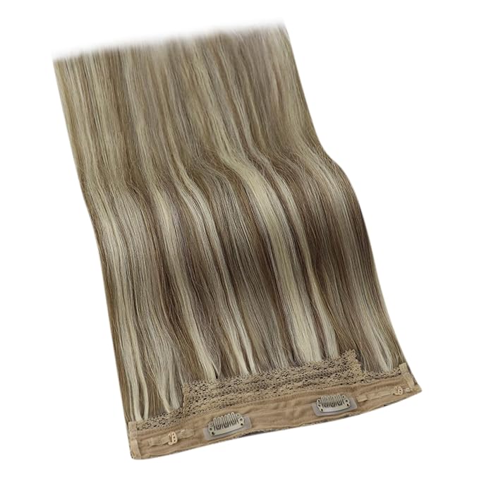 YoungSee 130G Wire Hair Extensions Real Human Hair Highlight Brown to Blonde Wire Hair Extensions for Women Light Brown Mix Platinum Blonde Fish Line Hair Extension 20In