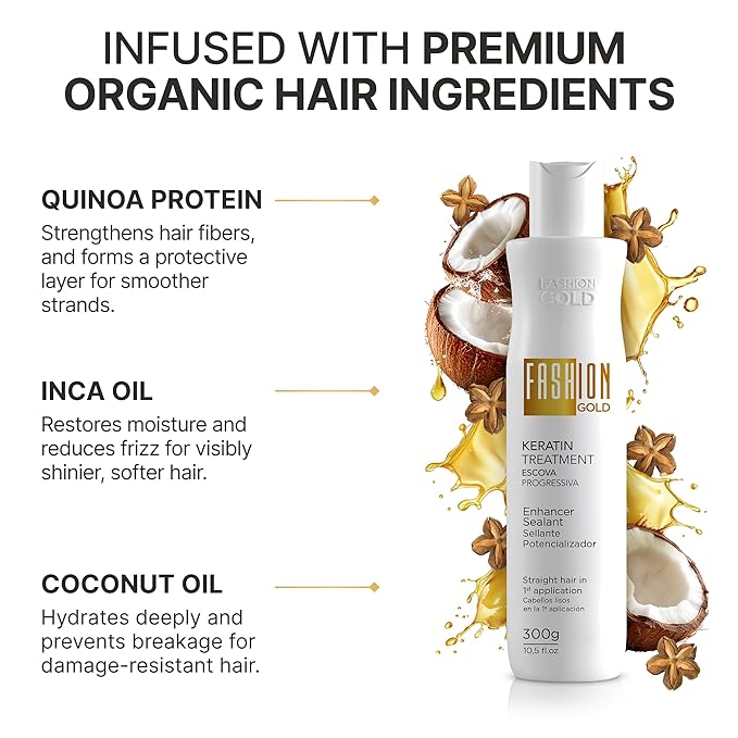 FASHION GOLD, Keratin Hair Treatment, 6 USES per Bottle, Keratina para Alisar el Pelo, Alisado Brasileño Keratina Permanente, Alisados Organicos SIN FORMOL, Nanoplastia, 300 grs