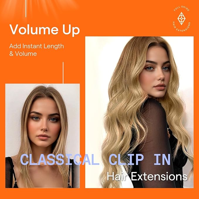 Full Shine Brown Blonde Clip in Hair Extensions 16 Inch Ombre Golden Brown Clip in Hair Extensions Real Human Hair 7 Pcs 120 G