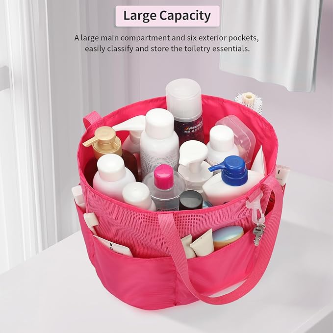Mesh Shower Caddy Portable, Travel Toiletry Bag for Women Men, Large Capacity Shower Bag Quick Dry Bathroom Bag for Dorm, Gym, Bathroom, Camping, Beach, Swimming, Traveling, Rose Red
