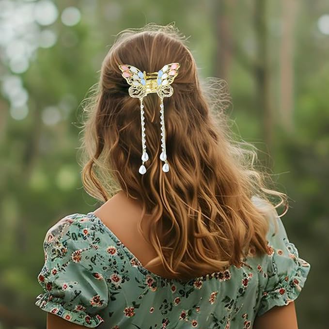 3PCS Butterfly Hair Claw Clip With Pearl and Rhinestone Tassel, Metal Small Hair Clips, Cute Hair Styling Accessories for Women and Girls, Gold