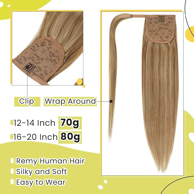 RUNATURE Human Hair Ponytail Extension Dark Blonde with Caramel Blonde Hair Ponytail Extension Human Hair with Magic Paste Short Straight Pony Tails Hair Extensions Straight Full Ends 14 Inch 70g