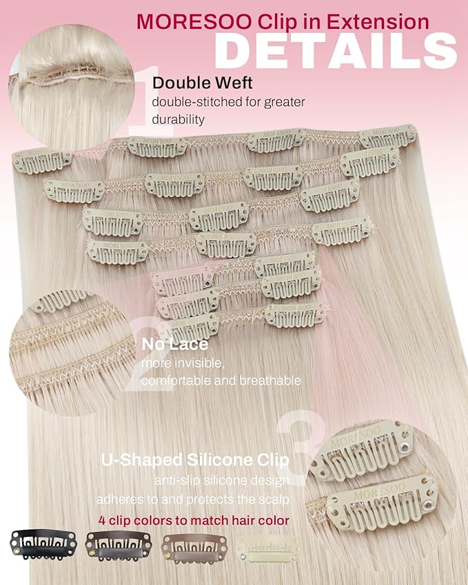 Moresoo Clip in Hair Extensions Remy Double Weft Human Hair Clip in Extensions Straight Hair Extensions for Women White Blonde #60A 7pcs 135g 18inch