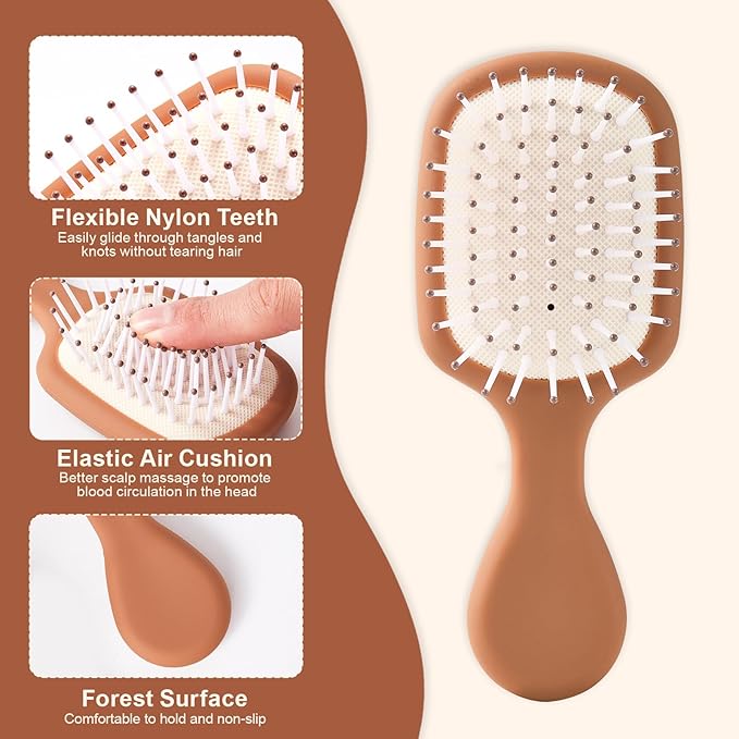 Mini Hair Bursh for Women Men and Kids, Protable Travel Size Hair Brush for Pockets Purses, Mini Detangler Brush for All Hair Types, Small Paddle Brush for Detangling (Brown)