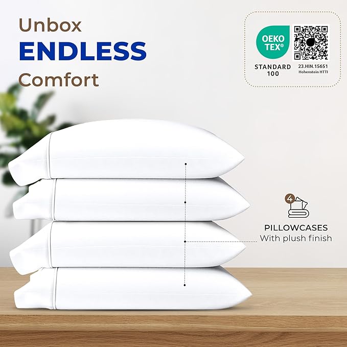 THREAD SPREAD 100% Egyptian Cotton Pillow Cases - High Thread Count Pillowcases Queen/Standard Size Pack of 2, Soft & Breathable Extra Long Staple Sateen Weave Cotton Pillow Covers for Bed - White