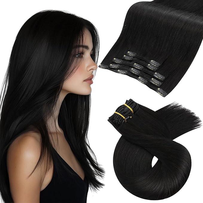 Moresoo Clip in Hair Extensions Real Human Hair Natural Black 5pcs 80g Remy Straight Invisible Lace Double Weft Human Hair Extensions Natural Black Human Hair Clip in Extensions #1b 22inch