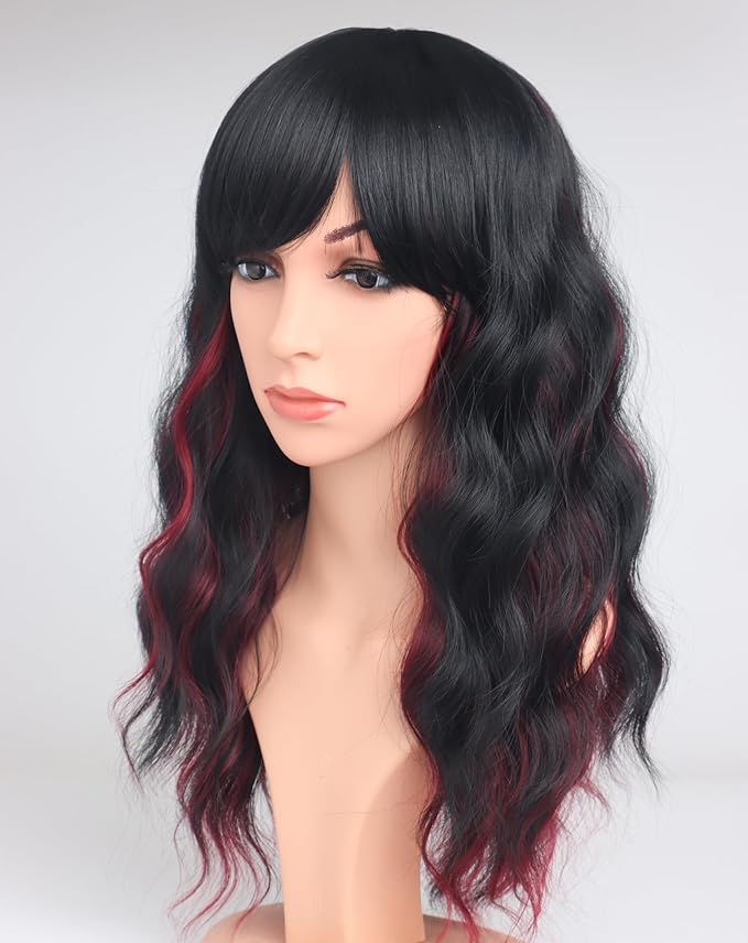 Burdundy-Black Hair Wavy Wigs With Bangs For Women Synthetic Black Hair With Red Undertones Wigs For Daily Use Everyday Wear.