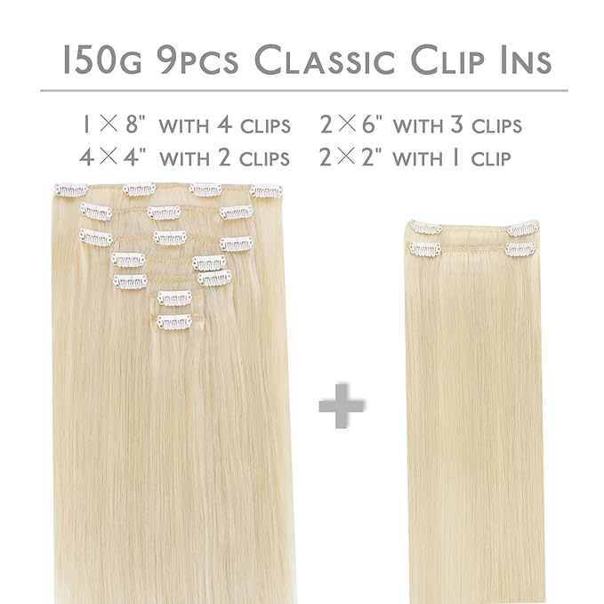 Wennalife Clip in Human Hair Extensions, 14 Inch 150g 9pcs Clip in Hair Extensions Real Human Hair, Platinum Blonde Human Hair Clip in Extensions Remy Human Hair Extensions Clip Ins Double Weft