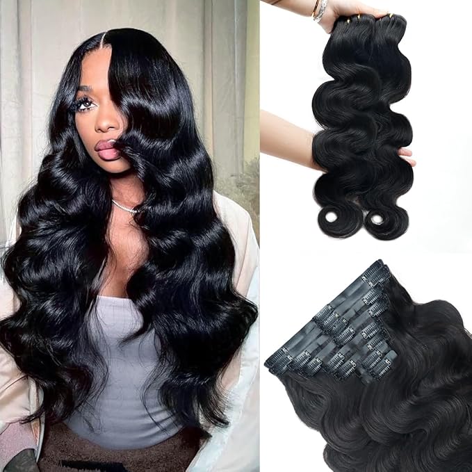 2 Pack 240g Body Wave Seamless Clip in Hair Extensions 16Pcs Full Head 15A Real Human Hair Clip ins with PU Skin Weft 20inch Natural Black