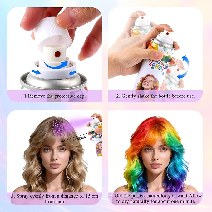 6 Pcs Temporary Hair Color Spray,Non-Stick Hairspray for Kids Girls Women Men,One-day Washable Hair Dye Spray for Party Halloween Cosplay DIY Christmas. (Red&Blue&Purple&Orange&Green&Pink)