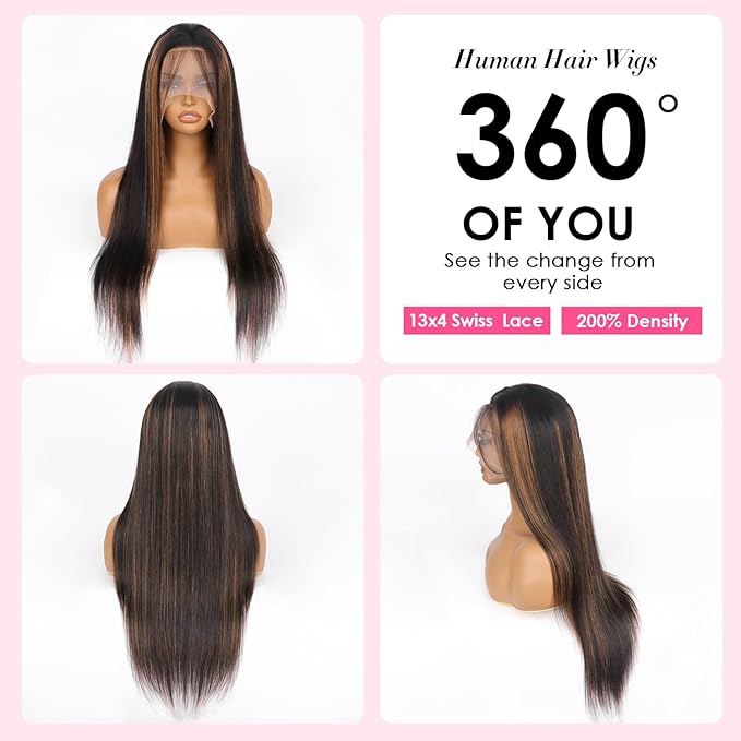 Ombre Lace Front Wig Human Hair Highlight Straight Lace Front Wigs Human Hair Pre Plucked 13x4 Transparent Lace Frontal Wig 200 Density Glueless 1B/30 Highlighted Wig 20 Inch