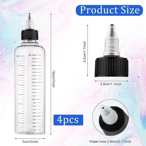 4 Pack Applicator Bottle for Hair, 8.5oz Soft Squeeze Empty Oil Dispenser Hair Color Applicator Root Hair Dye PET Plastic Refillable Bottles for Salon Sylist with Graduated Scale and Twist Top