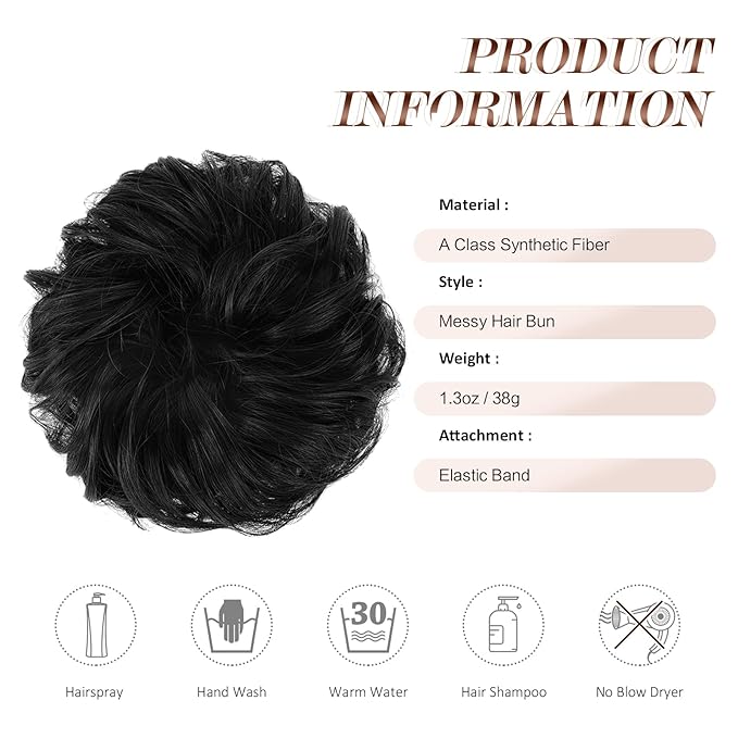 FESHFEN Messy Bun Hair Piece - Elastic Wavy Curly Hair Bun Scrunchies Extensions Synthetic Chignon Hairpieces for Women Girls, Natural Black 1.5 oz