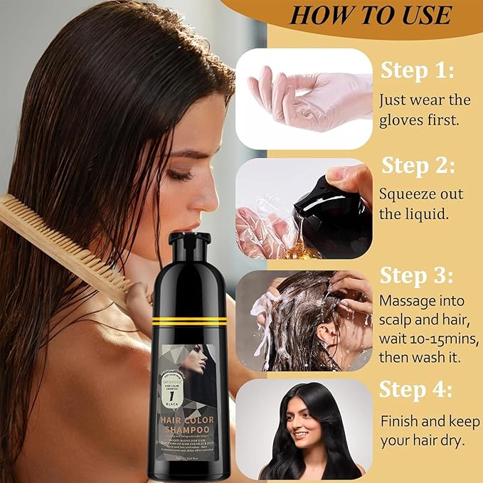 Hair Dye Shampoo, 3 in 1 Gray Hair Coverage, One-Step Wash-In Hair Dye, Shampoos for Color Treated Hair, Semi Permanent Hair Color Shampoo for Women & Men, 13.6 fl. oz, (Black)