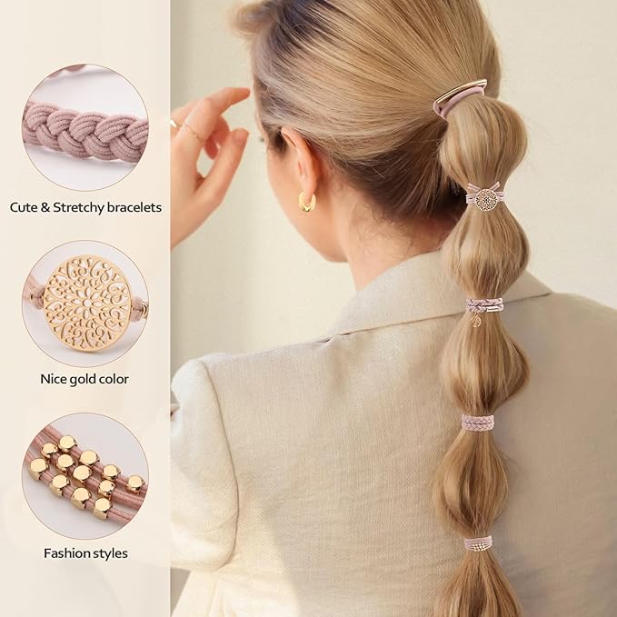 10 PCS Boho Hair Ties - No-Damage, Stretch Bracelets for Thick & Thin Hair, 5 Styles, Pink