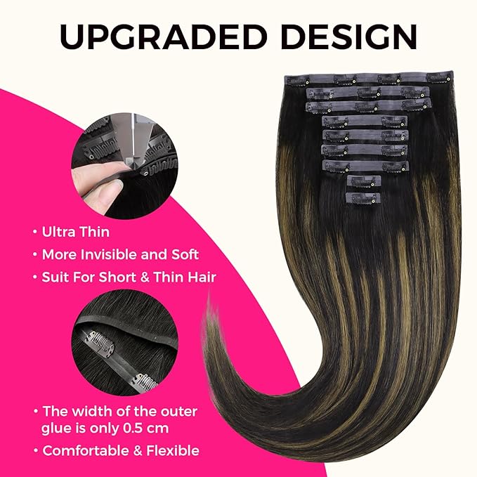 Lashey Seamless Clip in Hair Extensions Human Hair 150g 9pcs Straight Natural Black Mixed Chestnut Brown 24 Inch Hair Extensions Clip ins with PU Soft Invisi Edge