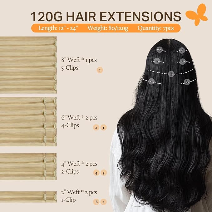 DOORES Clip in Hair Extensions, Human Hair, Dirty Blonde Highlight Golden Blonde, 120g, 7pcs, 20 Inch, Remy, Straight, Natural