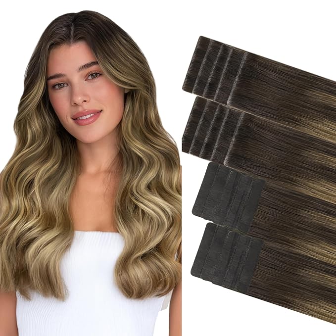 GOO GOO Invisi Edge Tape in Hair Extensions Human Hair, 2/6/18 Balayage Brown to Dirty Blonde 10pcs injected with 10pcs classical tape ins, 22inch 50g, Virgin Remy Hair, Natural Look