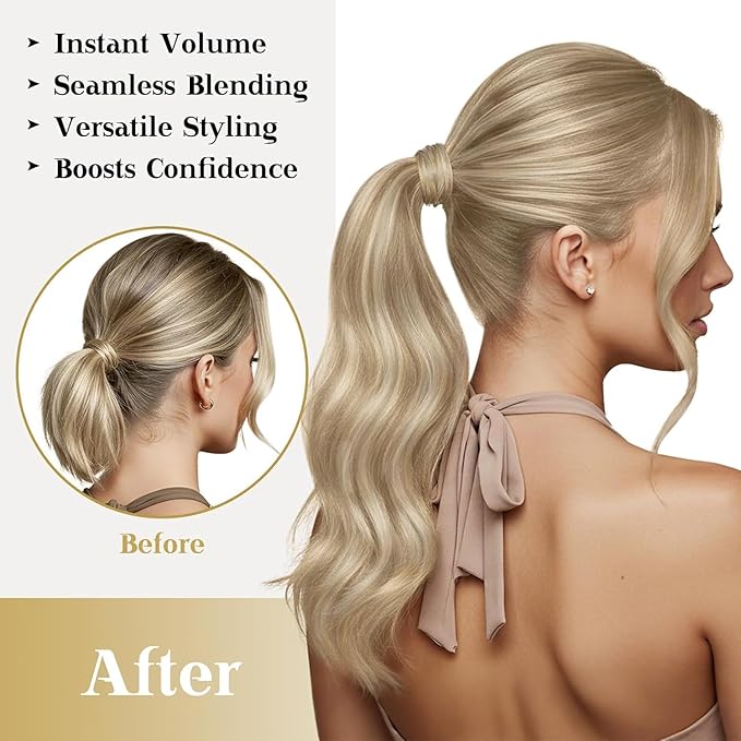 Ve Sunny Hair Extensions Ponytail Real Human Hair Wrap Around Clip in Ponytail Hair Extensions Straight Extensions Human Hair for Women Dark Blonde Highlights Golden Blonde 16inch 80G