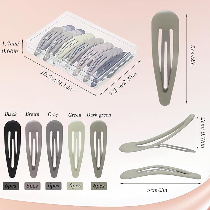 obeoby 30 Pcs 5 Colors Metal Snap Hair Clips, 2 Inch Matte Hair Barrettes Hair Accessories for Women Girls
