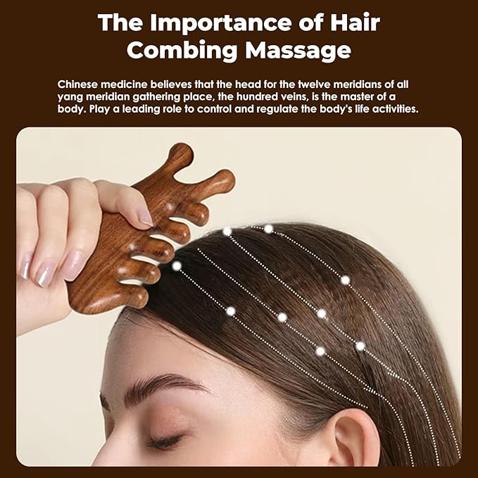 4 in 1 Sandalwood Gua Sha Massager, Scraping Massage Comb for Hair, Face, Eye, Neck & Body Meridian Therapy Tool for Relaxation & Rejuvenation