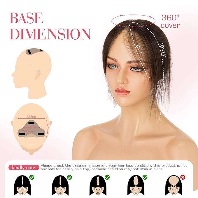 Hairro Human Hair Toppers For Women Wispy Thin Short Wiglet Hairpieces Natural No Bang Middle Part Side Bangs Hair Clip 11 Inches 14.5g #02 Dark Brown