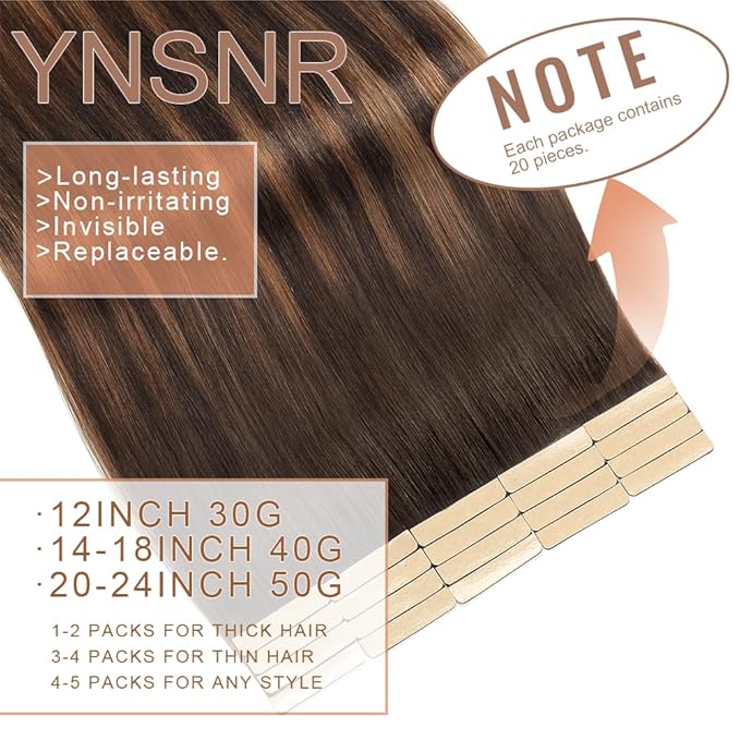 Human Hair Tape in Extensions Dark Brown to Mixed Chestnut Brown 20 Inch Invisible Tape in Hair Extensions Human Hair for Women Hair Extensions Real Human Hair Tape in