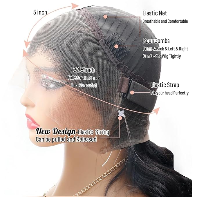 360 Lace Front Wigs Human Hair Body Wave 200% Density 16 Inch Upgraded Hidden Straps 360 HD Full Lace Wigs Human Hair With Drawstring Pre Plucked With Baby Hair for Women Natural Black