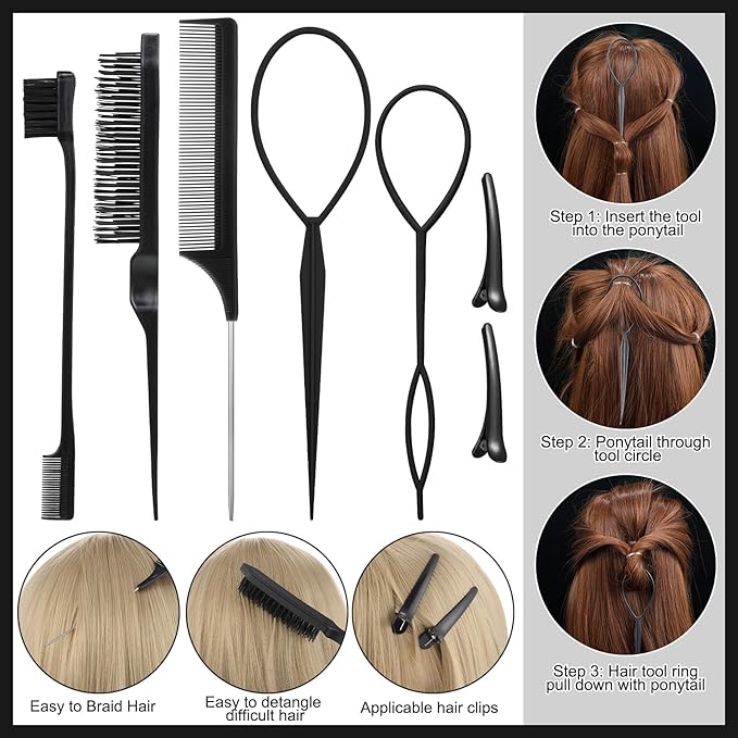 Slick Back Hair Brush with 1000pcs Hair Rubber Bands,Hair Wax Stick,Elastic Hair Ties,Rat Tail Comb for Women, Men and All,Curly Hair,Straight Hair