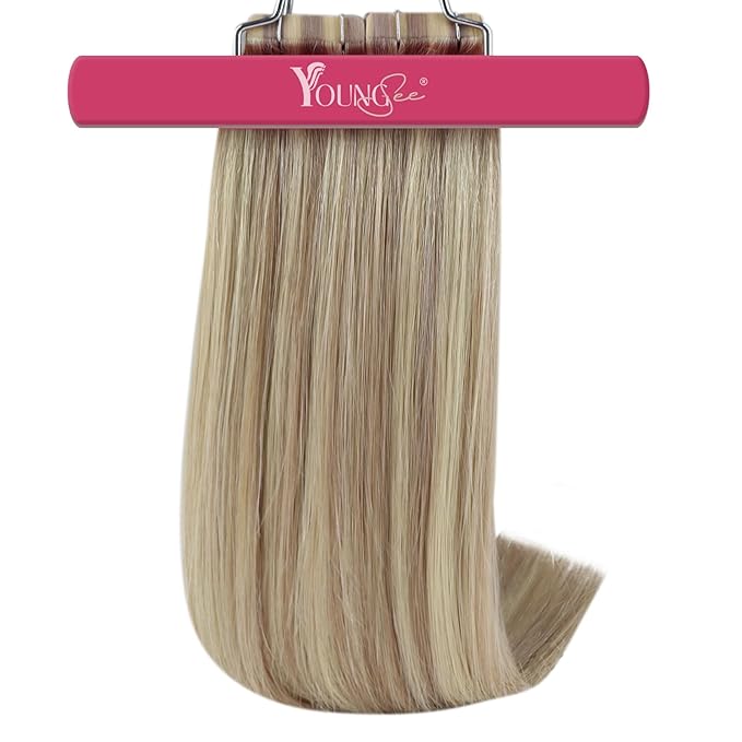 YoungSee Human Hair Tape in Extensions Highlight Blonde Tape ins Hair Extension Golden Blonde Mix Light Blonde Highlight Hair Extensions Real Human Hair Tapes Invisible Natural Looking 14 In 20pcs 50g