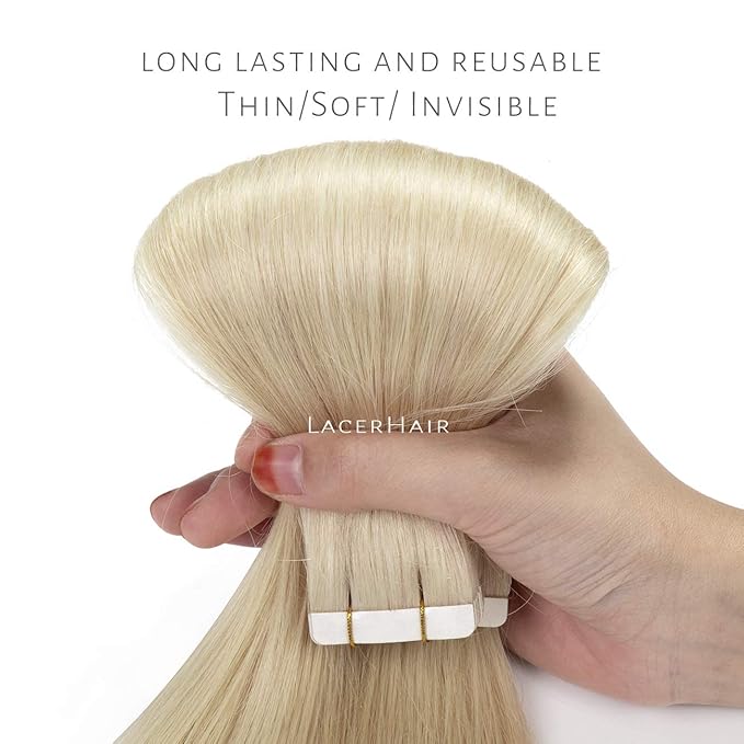 Lacer Blonde Tape in Hair Extensions Human Hair Natural Light Platinum Blonde Seamless Tape in Extensions Double Sided PU Skin Weft 50g 20pcs/set 22 Inch