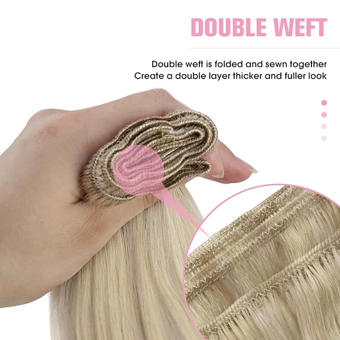 YoungSee 130G Blonde Weft Hair Extensions Highlight Warm Ash Blond Mix Bleach Blonde Hair Weft Extensions Long Straight Human Hair Extensions Sew in for Fuller Look 24 Inch