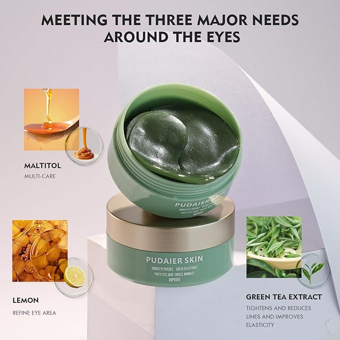 Under Eye Patches for Puffy Eyes, Dark Circles and Wrinkles, 60 Pcs Eye Masks with Rose, Snail and Green Tea Extract to Refresh Your Eye Skin (Green Tea Extract)