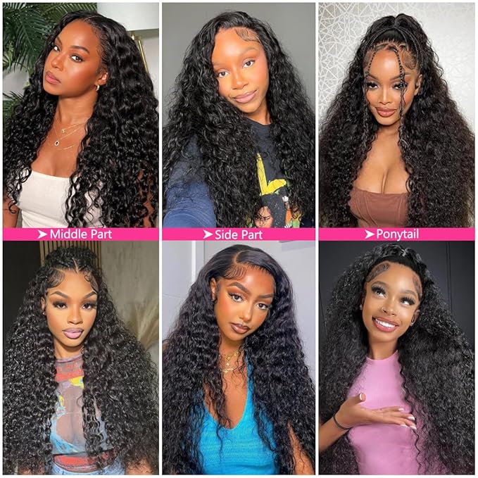 30 Inch 13×6 HD Lace Front Wigs Human Hair Water Wave 200 Density Lace Frontal Wigs Pre Plucked Deep Curly Human Hair Wig for Women Natural Black
