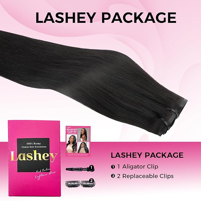 Lashey Seamless Clip in Hair Extensions Human Hair 130g 7pcs Straight Thick Remy Human Clip in Hair Extensions with Full End 24 Inch Natural Black
