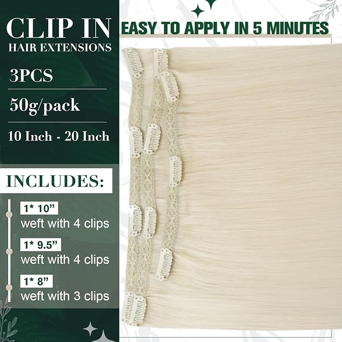 RUNATURE Blonde Clip in Hair Extensions, Real Human Hair Clip in Extensions, Remy Hair Extensions Clip Ins, Double Weft Hair For Women, Natural Looking, 14 Inch 50g 3pcs #800 Platinum Blonde