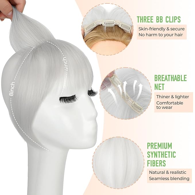 Bangs Hair Clip in Bangs 360°3D Cover Hair Topper Synthetic HairPieces for Women Silver Gray Wispy Fake Bangs Toppers for Daily Wear