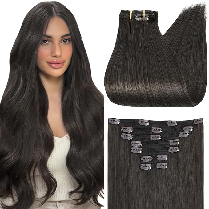 Full Shine Real Human Hair Extensions Clip ins Soft Black Clip on Extensions Human Hair Natural Black Tea 10 Inch 95 G 7 Pcs