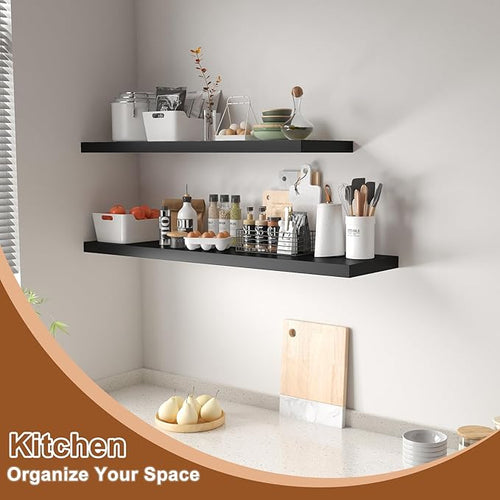 12 Inch Deep Floating Shelves for Wall 3 Pack Floating Shelves Large Storage Space Wall Mount Shelf for Living Room Kitchen Bathroom 36" W x 12" D x 1.2" H Black