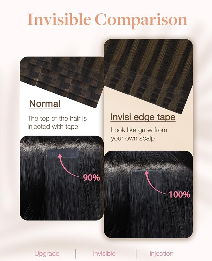 GOO GOO Invisi Edge Tape in Hair Extensions Human Hair, 2/6 Dark Brown Highlighted Chestnut Brown 10pcs injected with 10pcs classical tape ins, 14inch 50g, Virgin Remy Hair, Natural Look
