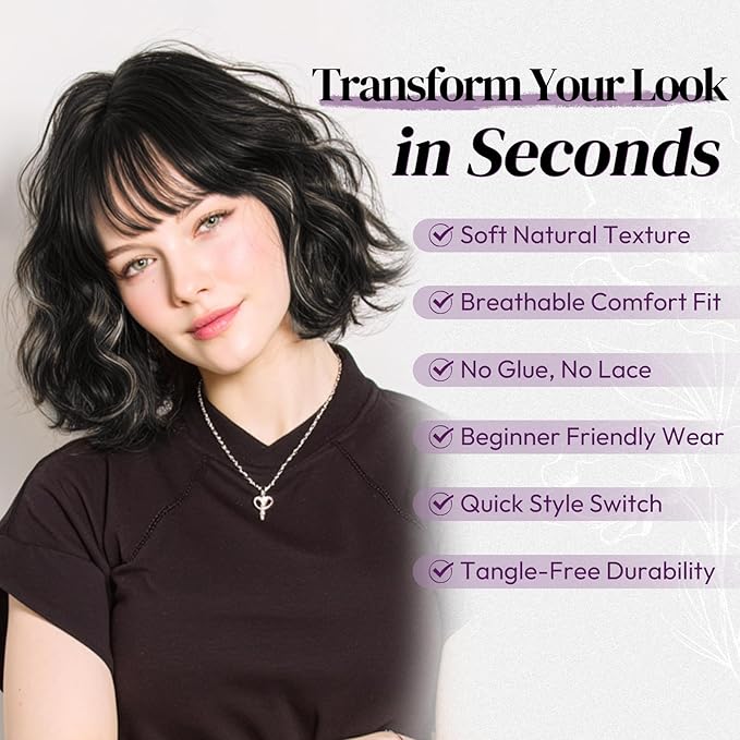 BARSDAR Black Blonde Short Wavy Wig with Bangs - Short Wavy Blonde Highlights Wigs for Women - Curly Textured French Bob Wig with Bangs Soft Synthetic Natural Looking Face-Framing Daily