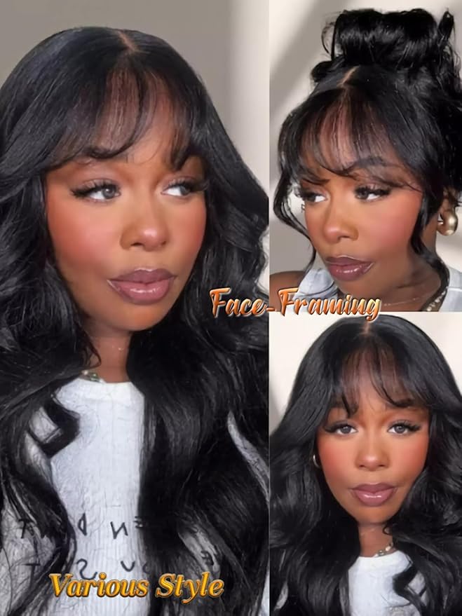 Julia Hair Bye Bye Knots Curtain Bangs Wig Glueless Fluffy Natural Loose Wave Pre Cut 7x5 HD Lace Front Wigs Invisible Pre Plucked Pre Everything Body Wave Put on and Go Wig for Women 20 Inch