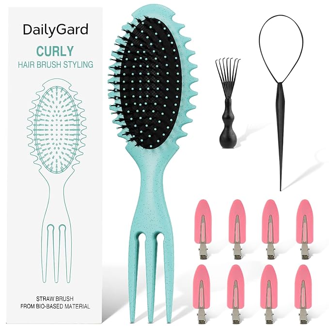 Curly Hair Brush Set,Curl Defining Brush for Curly Hair,Trident Handle Design,Detangling & Shaping & Defining Curls for Women and Girls,Wet or Dry Hair(Green)