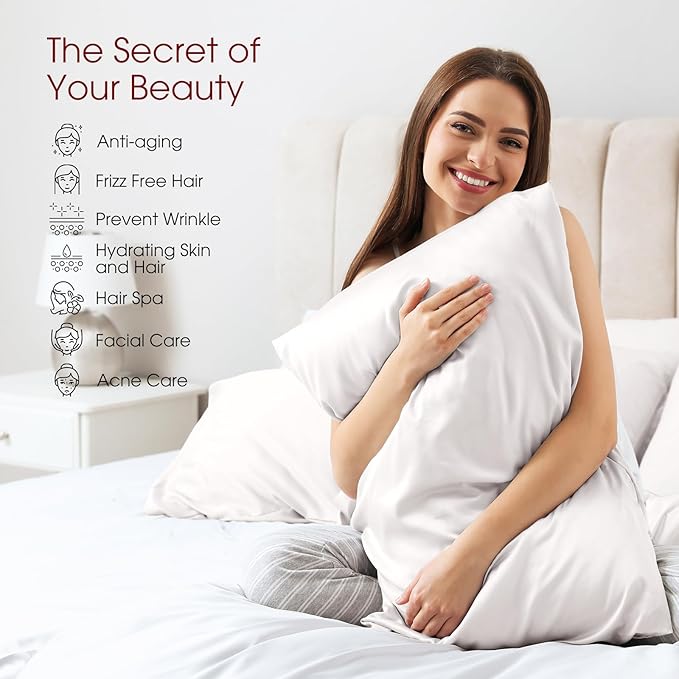 100% Silk Pillow Cases 2 Pack King Size Mulberry Silk Pillowcase for Hair and Skin Set of 2 Highest Grade 6A Silk Soft Breathable Cooling with Hidden Zipper, White