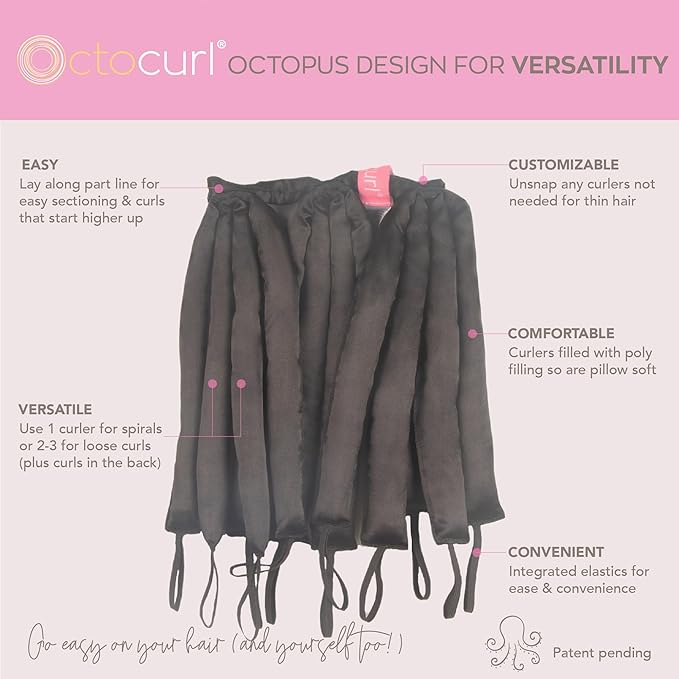 Octocurl Heatless Hair Curler - No Headband Octopus Curler - Overnight Curls for Long Hair (Satin - Black)