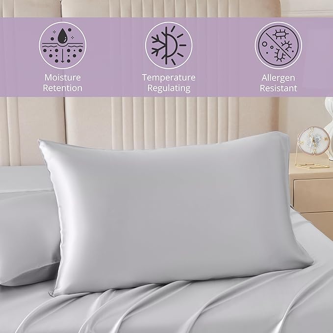 Mulberry Park 30 Momme Silk Pillowcase - Pure Silk Pillowcase for Hair and Skin, Grade 6A Charmeuse Weave Mulberry Real Silk Pillowcase for Luxury Night Sleep - 1 Pc Silver (King 20'' x 36'')