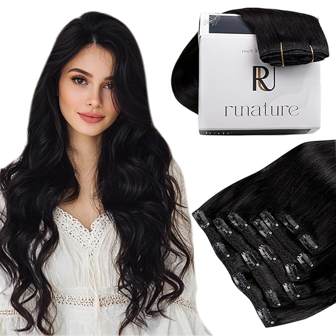 RUNATURE Black Clip in Hair Extensions, Real Hair Extensions Clip Ins, Short Human Hair Clip in Extensions, Remy Natural Hair, Thick Full Ends, Add Hair Volume, 10 Inch 80g 7pcs #1B Off Black