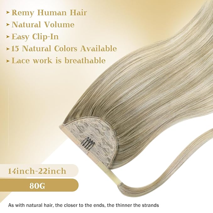 Ve Sunny Hair Extensions Ponytail Real Human Hair Wrap Around Clip in Ponytail Hair Extensions Straight Extensions Human Hair for Women Ash Grey Balayage Platinum Blonde 16inch 80G
