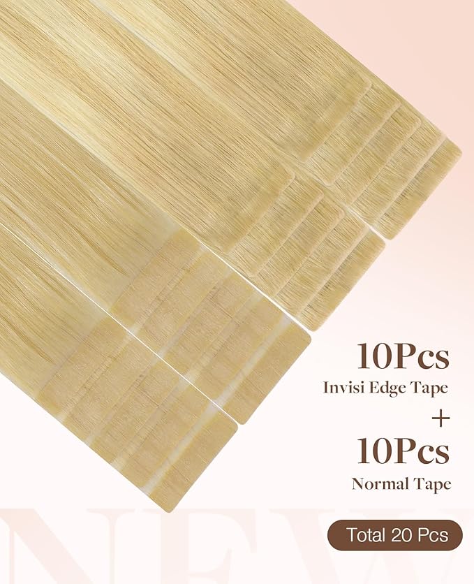 GOO GOO Invisi Edge Tape in Hair Extensions Human Hair, 18AT60A Pearl Ash Blonde Highlights10pcs injected with 10pcs classical tape ins, 16inch 50g, Virgin Remy Hair, Natural Look